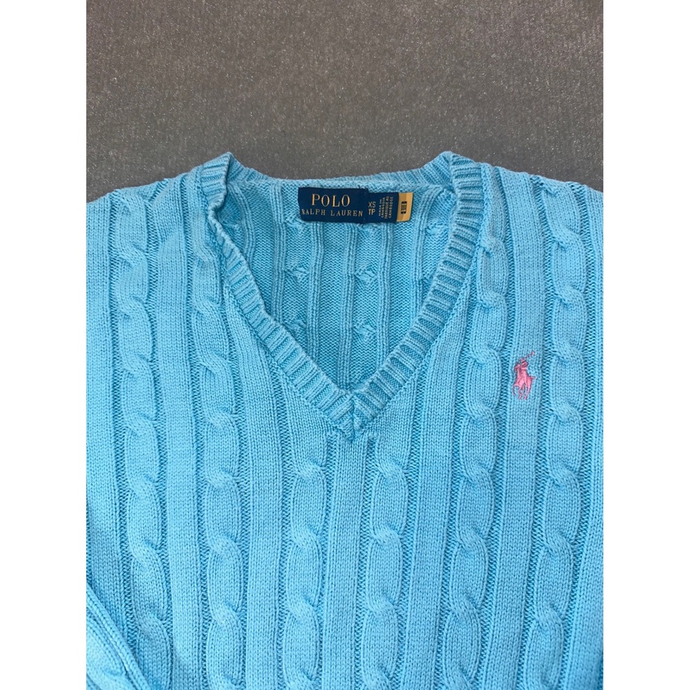 Polo Ralph Lauren Womens Cable Knit V-Neck Sweater Blue Pink Pony XS